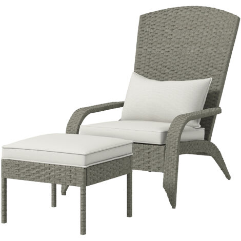 Outsunny Sedia Adironrack con Poggiapiedi in Rattan e Acciaio Grigio e Bianco
