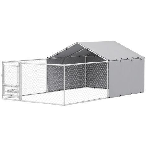 PawHut Kennel per Cani con Coperture Protettive e Ciotole Girevoli Argento (1/5)