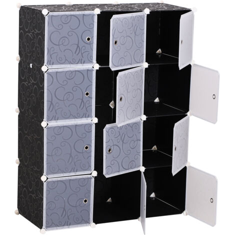 Homcom Armadio Guardaroba Modulare 12 Cubi Fai da Te in PP Bianco e Nero 111x47x145cm