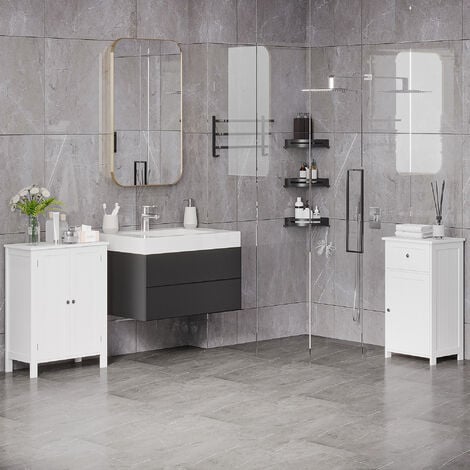 kleankin Mobile Bagno con Mensole, Armadietto e Cassetto, Mobiletto Multiuso  in Legno, Bianco, 60x33x122.5cm Legno Mensole Cassetto