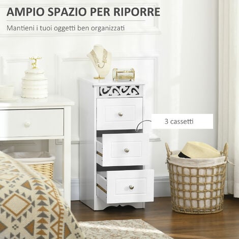 Homcom Mobiletto Cassettiera per Bagno in Legno con Decoro Intaglio  Floreale Bianco 30 x 30 x 68.5cm