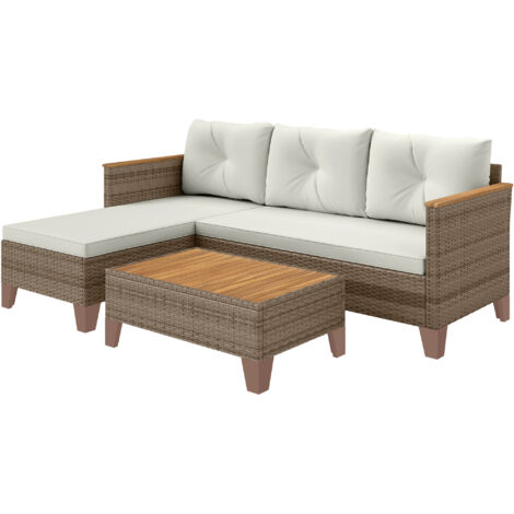 Outsunny Set da Giardino Rattan con Divanetto, Chaise Longue e Tavolino Crema