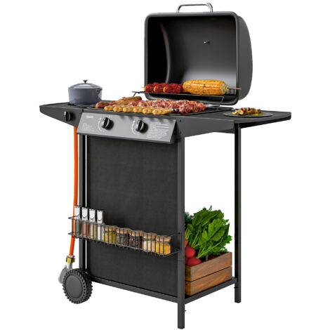 Outsunny BBQ a Gas con 3 Bruciatori Indipendenti e Coperchio con Termometro Nero