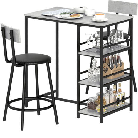 HOMCOM Set 3 Pezzi con Bancone Bar con Mensole e 2 Sgabelli Alti Grigio Chiaro