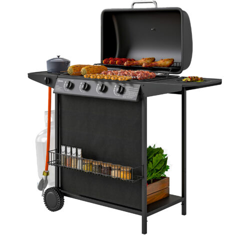 Outsunny BBQ a Gas 4+1 Bruciatori Indipendenti e Coperchio con Termometro Nero