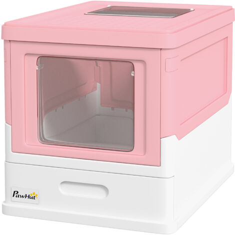 PawHut Lettiera Coperta per Gatti con Paletta e Vassoio Estraibile Rosa e Bianco