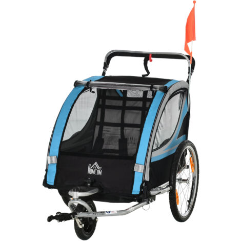 HOMCOM Passeggino e Rimorchio Bici Bambini 2 in 1 con Tasche e Bandierina Blu