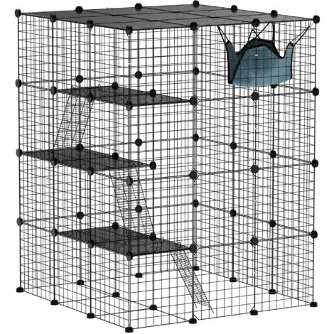 PawHut Gabbia Per Gatti A 3 Livelli Con Amaca, Piattaforma E Scalette – Struttura In Acciaio E PP, 70x70x105 Cm, Colore Nero E Blu