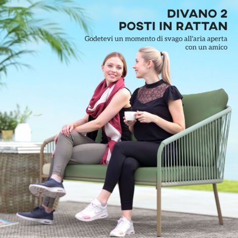 Outsunny Divano da Esterno 2 Posti in Rattan Stile Boho con Cuscini Verde