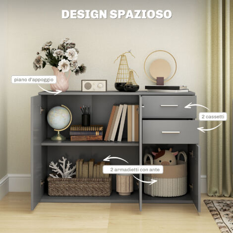 HOMCOM Credenza Cucina con 3 Armadietti e 2 Cassetti in Legno Grigio Chiaro
