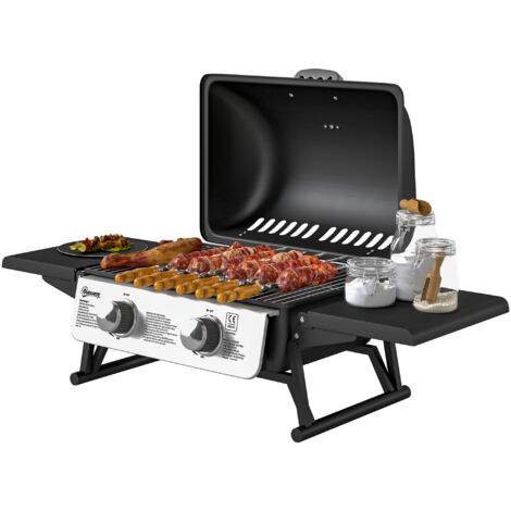 Outsunny Barbecue a Gas da Tavolo 2 Bruciatori e Coperchio con Termometro Nero