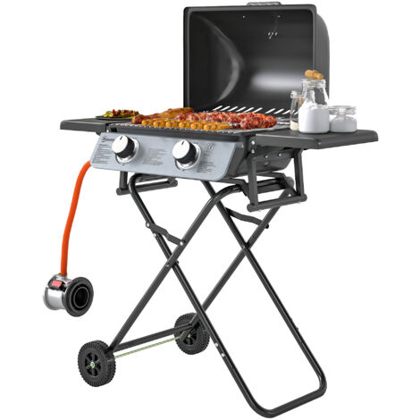 Outsunny Barbecue a Gas Coperchio e Termometro, 2 Bruciatori, 2 Tavolini Nero