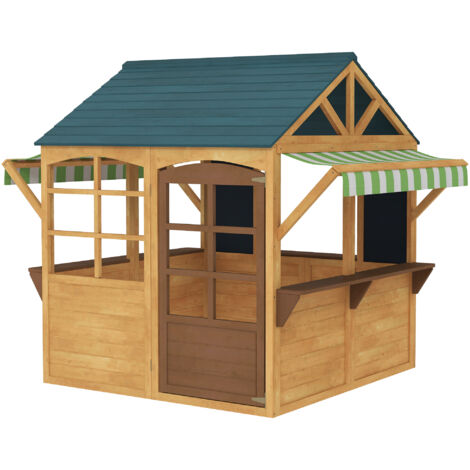 Aiyaplay – Casetta da giardino per bambini in legno – Struttura pieghevole con 5 finestre e porta funzionante – Coperture solari e 2 lavagne nere (1/5)