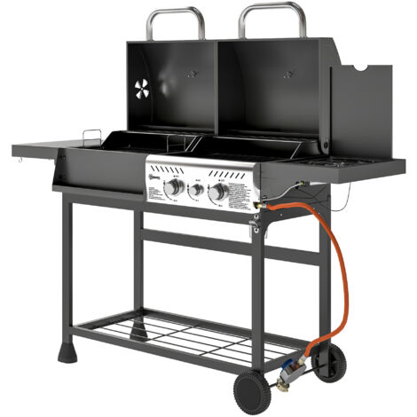 Outsunny Barbecue a Gas e Carbone 3 Bruciatori e Coperchio con Termometro Nero (1/5)