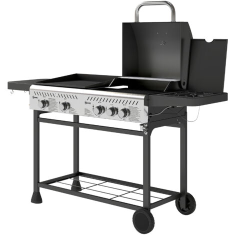 Outsunny Barbecue con Piastra a Gas e Fornello, Coperchio con Termometro Nero (1/5)