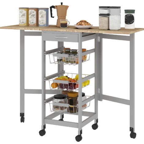 HOMCOM Carrello Portavivande con 3 Cestini, Cassetto e 2 Ribalte Grigio e Rovere