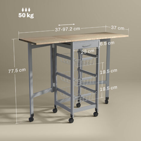 HOMCOM Carrello Portavivande con 3 Cestini, Cassetto e 2 Ribalte Grigio e Rovere