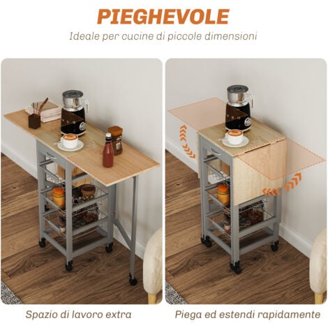 HOMCOM Carrello Portavivande con 3 Cestini, Cassetto e 2 Ribalte Grigio e Rovere