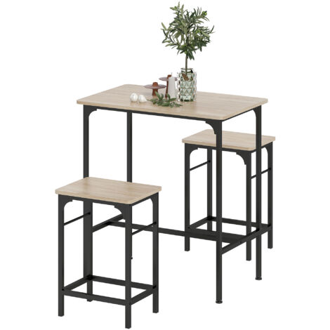 Set Da Bar HOMCOM 3 Pezzi – Tavolino Alto + 2 Sgabelli Con Poggiapiedi, Design Industriale In Legno E Acciaio, Bianco E Rovere