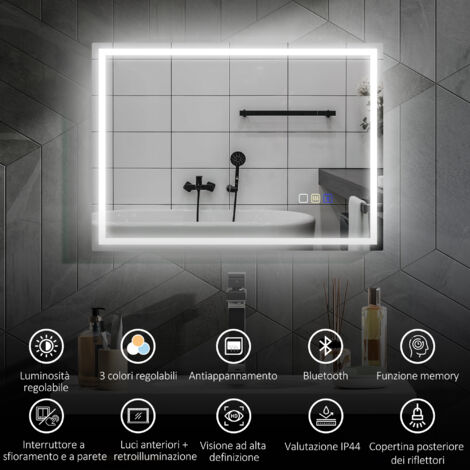 HOMCOM Specchio Bagno Antiappannante Illuminato con Speaker Bluetooth 50x70 cm