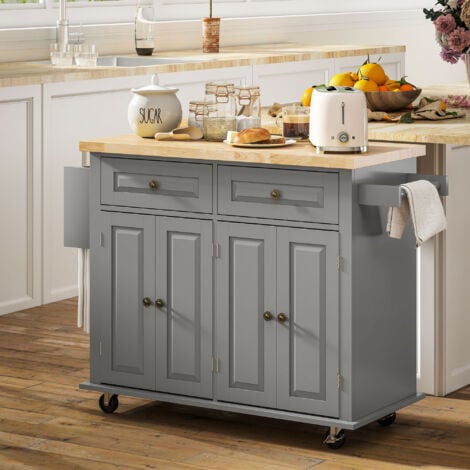 HOMCOM Isola da Cucina con Ruote, 2 Cassetti e 2 Armadietti in Legno Grigio