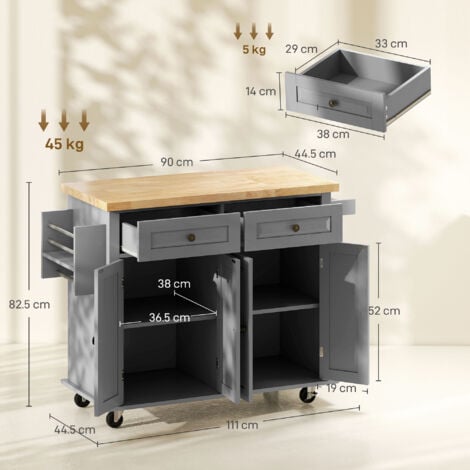 HOMCOM Isola da Cucina con Ruote, 2 Cassetti e 2 Armadietti in Legno Grigio