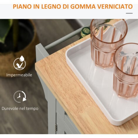 HOMCOM Isola da Cucina con Ruote, 2 Cassetti e 2 Armadietti in Legno Grigio