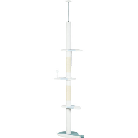 PawHut Albero per Gatti Tiragraffi a Soffitto Regolabile 225-255 cm Bianco