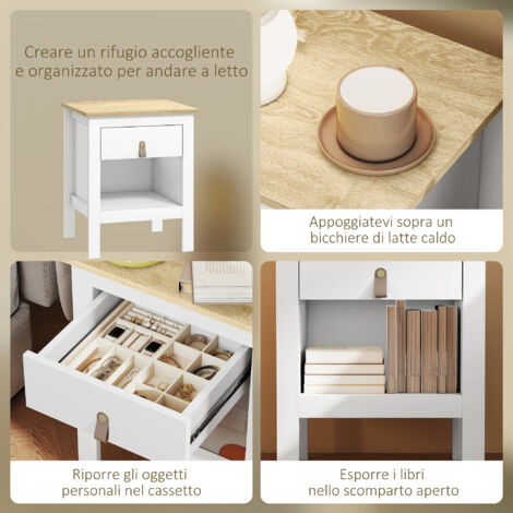 HOMCOM Set Da 2 Comodini Stretti Bianco – Con Cassetto E Scomparto Aperto, Maniglie In Pelle PU, 39x28x41 Cm - 5