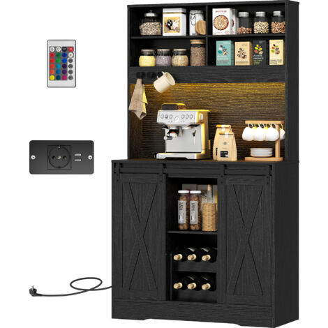 HOMCOM Mobile Cucina con Portabottiglie, Prese di Ricarica e Luci LED Nero