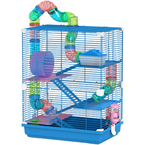 PawHut Gabbia per Criceto in Metallo e Plastica a 5 Livelli con Tubi e Ruota Blu