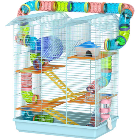 PawHut Gabbia per Criceti e Roditori a 5 Piani con Tubi Colorati Azzurro