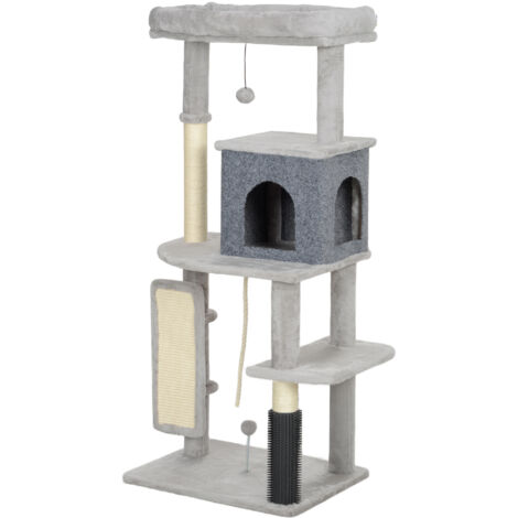 PawHut Albero per Gatti con Lettino, Casetta, Pali Tiragraffi e Spazzola Grigio