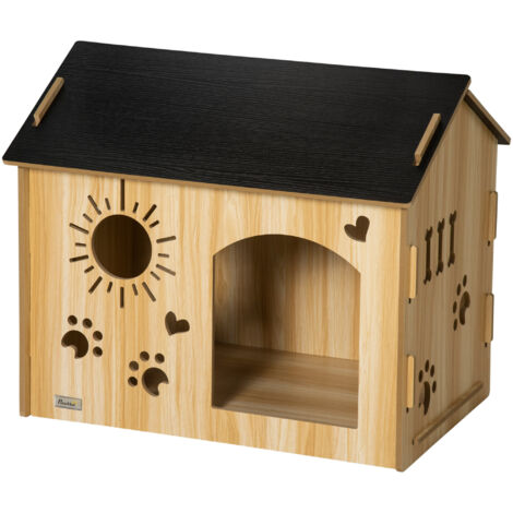 PawHut Casetta per Cani da Interno in Legno con Aperture a Forma di Zampa Rovere