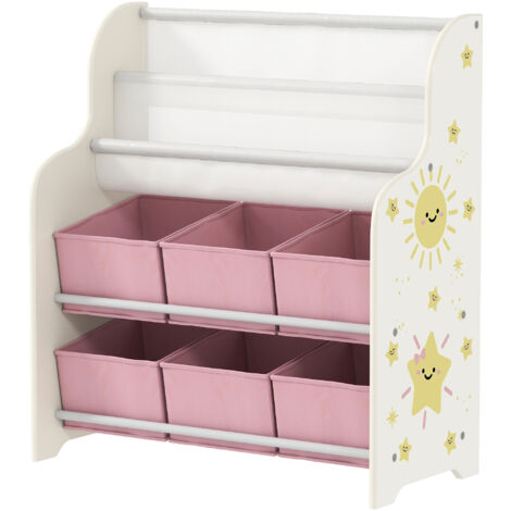 AIYAPLAY Mobiletto Portagiochi con 6 Cassetti e Libreria a 2 Livelli Rosa