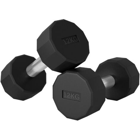 SPORTNOW Set 2 Manubri Palestra da 12 kg in Metallo e Gomma 26x14x14 cm Nero