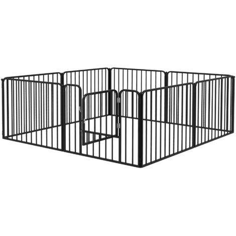 PawHut Box per Cani a 8 Pannelli in Acciaio Nero Modulabili con 9 Picchetti