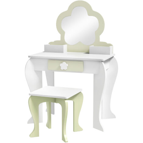 ZONEKIZ Set Toeletta Trucco per Bambina con Specchio e Sgabello in Legno Bianco (1/5)