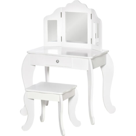 HOMCOM Tavolo Trucco con Sgabello in Legno e Triplo Specchio Bianco