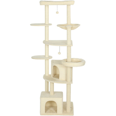 PawHut Albero Tiragraffi per Gatti Alto 200cm 2 Casette, 2 Lettini e Amaca Beige (1/5)