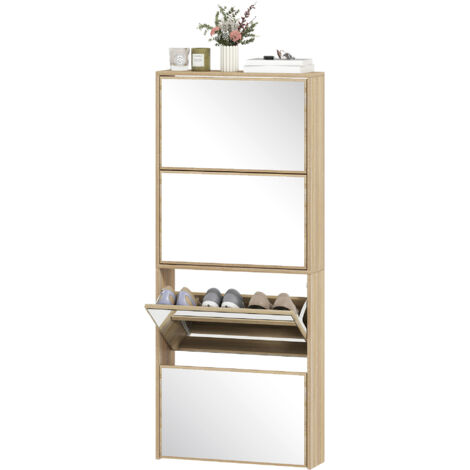Scarpiera Stretta HOMCOM Con 3 Ante E Specchio – 9 Paia Di Scarpe, Larga 65 Cm, Fondo 17 Cm, In Melamina Naturale, Ideale Per Corridoi E Spazi Piccoli