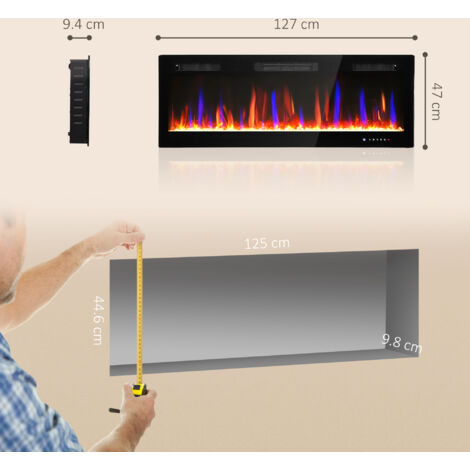 HOMCOM Camino Elettrico PTC 1000W/2000W – Effetto Fiamma LED, Termostato 10-49°C, Timer 8h, Telecomando, Per Ambienti Fino A 25m²