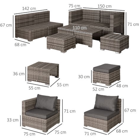 Outsunny Salotto da Giardino Rattan PE 8 Pz Poltrone Tavolini Sgabelli