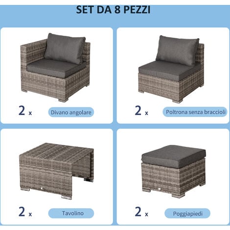 Outsunny Salotto da Giardino Rattan PE 8 Pz Poltrone Tavolini Sgabelli