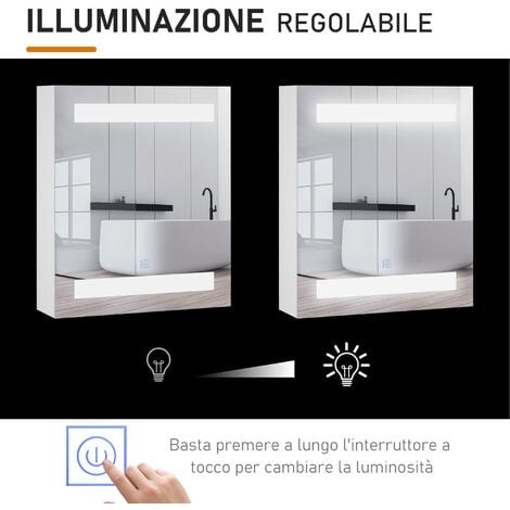 HOMCOM Mobiletto Pensile da Bagno con Specchio e Luci a LED (60x50x15cm)