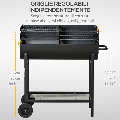 Outsunny Barbecue in Acciaio con 2 Griglie Indipendenti e 2 Ruote  Nero 