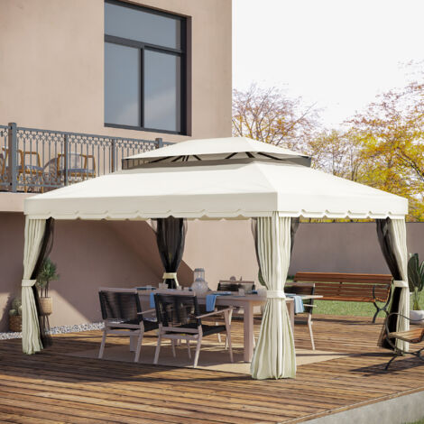 Outsunny Gazebo Tenda da Giardino con Doppio Tetto 4 Teli Laterali Impermeabili 3 × 4m Crema 