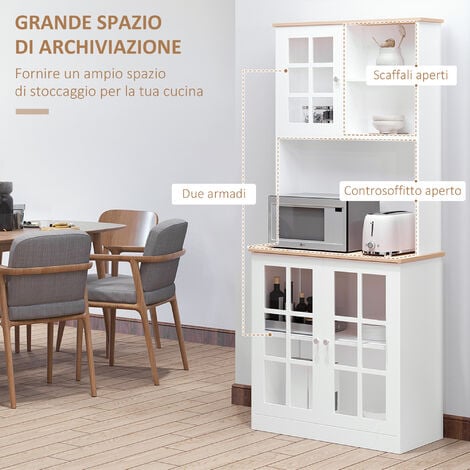 HOMCOM Credenza Moderna in Legno MDF Bianco con 2 Vetrinette, 80 x 37 x 183 cm