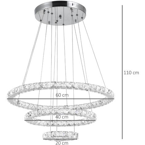 HOMCOM Lampadario a Sospensione con 3 Anelli Regolabili, Luci a LED e  Cristalli, Ø60 x 110cm