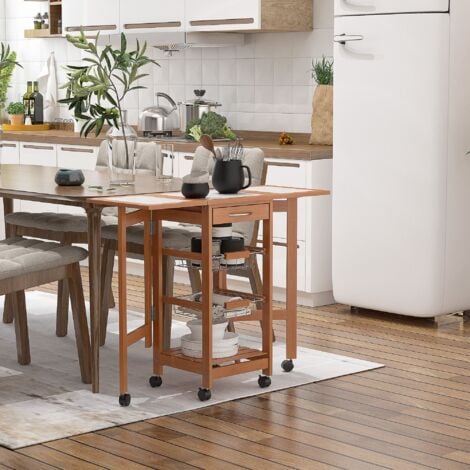 HOMCOM Carrello da Cucina Pieghevole Cassetto e 6 Ruote in Legno e Metallo
